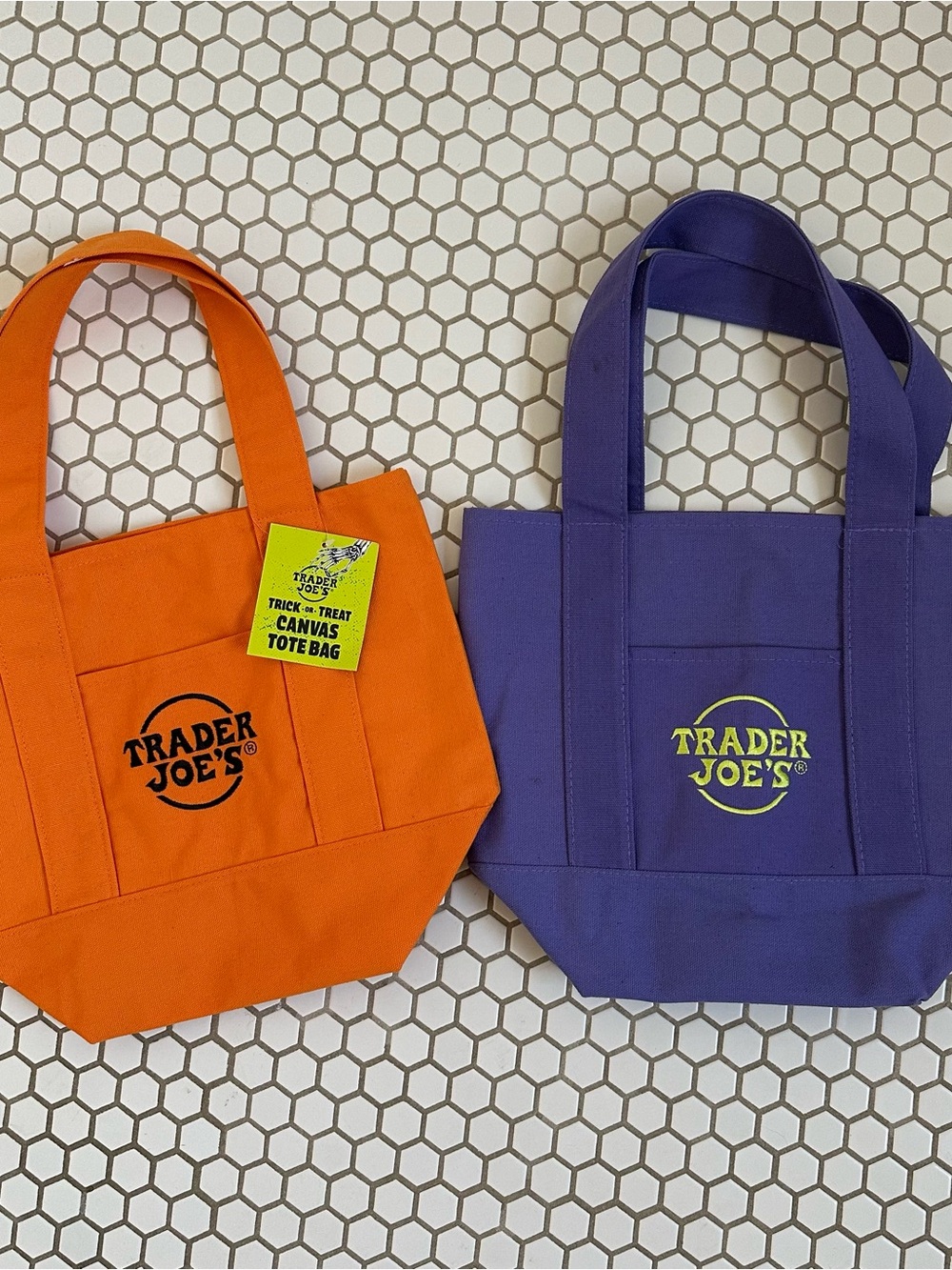 Trader Joe's Canvas Tote Bag Duo - Orange & Purple Halloween edition
